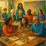 A diverse group of adult learners engage in a warm, inviting space, collaborating in discussions and hands-on activities. Natural light and greenery foster a nurturing atmosphere. A facilitator guides and encourages, promoting community and inclusion.