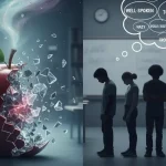A split image. On the left, a red apple is shattering into many small, sharp pieces, with wisps of blue and pink smoke rising from it against a blurred classroom background with bookshelves. On the right, five students stand in a line with their heads down, facing a whiteboard in a black and white classroom. Above their heads, a thought bubble contains numerous small, jumbled words.