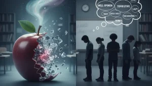 A split image. On the left, a red apple is shattering into many small, sharp pieces, with wisps of blue and pink smoke rising from it against a blurred classroom background with bookshelves. On the right, five students stand in a line with their heads down, facing a whiteboard in a black and white classroom. Above their heads, a thought bubble contains numerous small, jumbled words.
